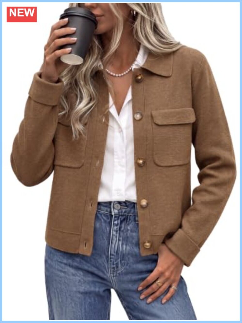 Wool Blend Cropped Sweater Cardigan Jacket Collared Button Flap Pockets